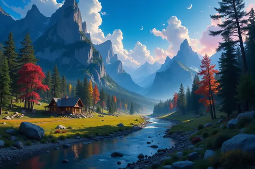 a mountain river flowing between two forest covered mountains,autumn mountains,landscape background,alpine landscape,fantasy landscape,mountain landscape,autumn background