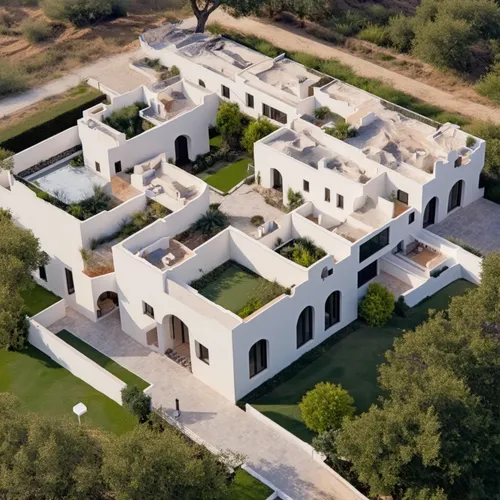 a classic courtyard villas, sustainable modern design in the middle eastern region aerial view,this is an aerial view of a house with many windows,mansions,hacienda,mansion,private estate,villas,villa