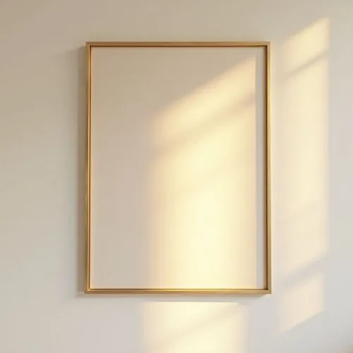 delicate elegant painting on white wall,pastel colors and gold and brown, simple slim gold frame, frontview, horizontal
,an empty white square frame hanging on a wall,framed paper,gold stucco frame,wo