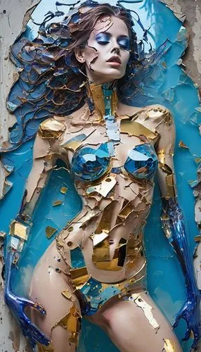 Polished shiny ((titanium colored)) reflective plating, a futuristic woman shiny highly polished ((titanium)) and blue trim on the outer hull, breaking the surface as it leaves the ocean and returns t