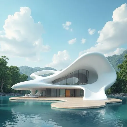 An ethereal 3D architectural masterpiece in the style of Roberto Carlos Gómez Castro — a finely detailed white house with an intricate, elevated on a polished wooden platform. The composition blends c