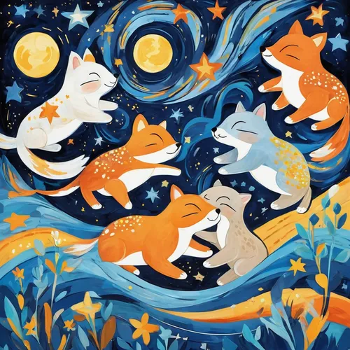 Produce a cute starry night sky with sleepy animals,koi fish,koi pond,koi carp,koi,stars and moon,violinist violinist of the moon,jupiter moon,lunar landscape,moons,the moon and the stars,koi carps,fo