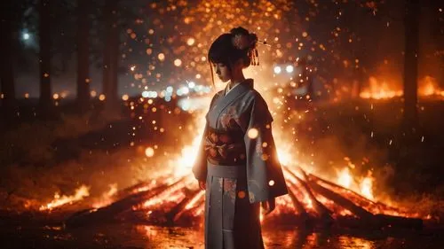 wildfires, embers, rain,a geisha stands in front of fire with bright lights on the ground,kuanyin,fire dancer,fire background,kupala,guanyin,pyromaniac,fire dance,firedancer,fire angel,pyrokinesis,mul