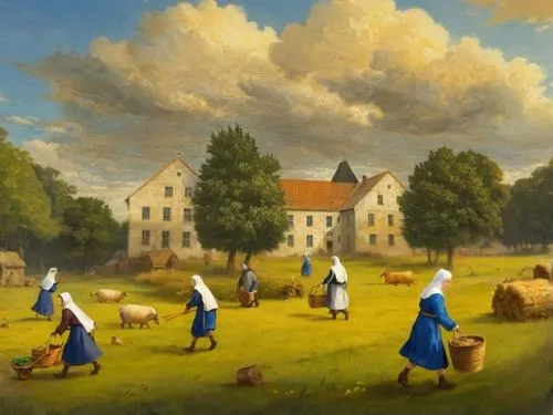 a picturesque painting in the style of Pieter Bruegel, from left to right German nuns with hoes and baskets are walking home from work in the field, one nun is driving cows and gray goats, herds of ge