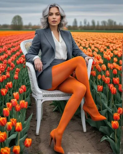 Young beautiful woman, dye grey hair, light skin, wearing orange pantyhose, sitting in a chair, crossed legs, two legs, field full of tulips, Dutch landscape, fashion photograph, high resolution,orang