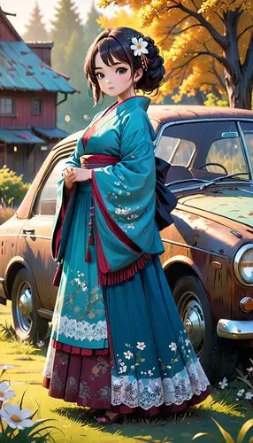 A photorealistic, medium shot of a bohemian plus-sized supermodel Geisha, dressed in intricately lace-patterned, earthy-toned clothing with vibrant turquoise accents, leaning against a worn, rusted ca