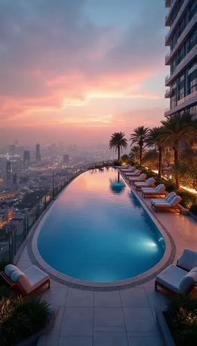 A panoramic view of AURA Skypool in Dubai, perched 210 meters above sea level on the 50th floor of The Palm Tower. The infinity pool stretches seamlessly in a 360° circle, offering breathtaking views 