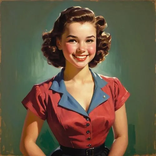 a girl, solo, upper body, smile, ,vintage female portrait,retro pin up girl,pin-up girl,pin up girl,shirley temple,retro girl,retro woman,vintage girl,maraschino,pin-up model,pinup girl,model years 19