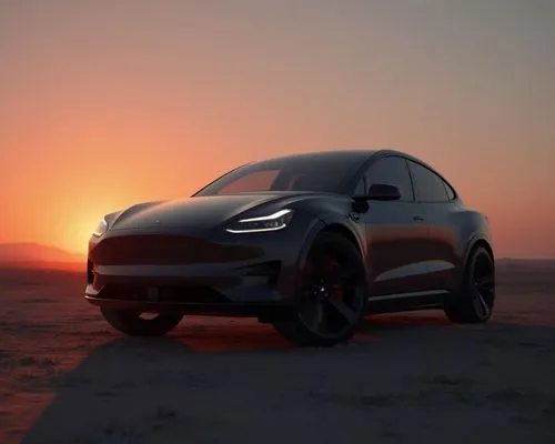 Sleek electric SUV  parked in a dark, moody sunset lit, in the middle of a vast dessert  close-up on 22-inch matte black alloy wheels, sharp reflections, volumetric fog, Unreal Engine 5 render style."