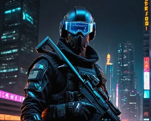 tactical AI, futuristic, cyberpunk, solo, male, muscular, 30yo, shaved head, piercing blue eyes, black tactical vest, combat gloves, assault rifle, bulletproof helmet, advanced computer system, hologr