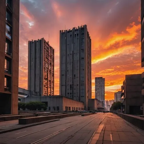 brutalist architecture, a kaleidoscope of colors explodes in the sky as the sun sets behind the buildings, casting a warm orange glow across the darkness. The streets below are empty, except for the b