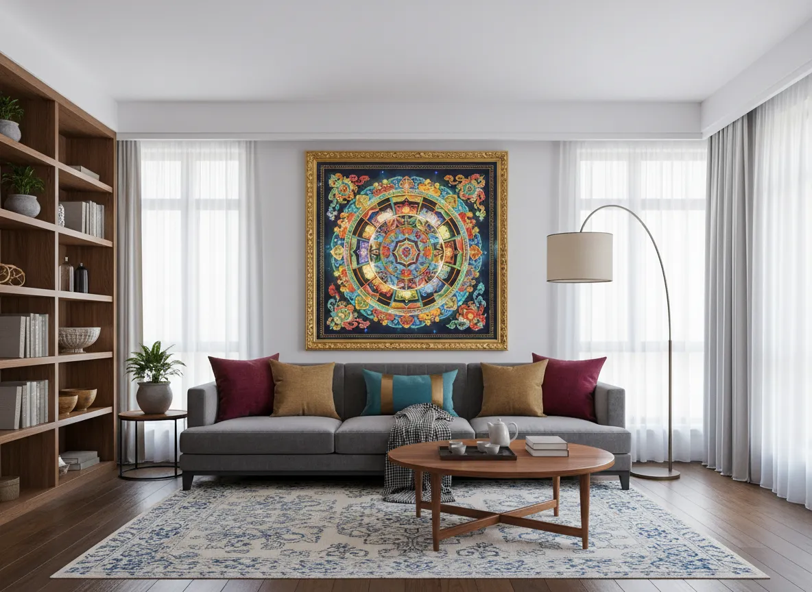 Ein Mockup eines Wohnzimmers mit einem großen, gerahmten KI-Thangka-Druck, der über einem Sofa hängt und seine Verwendung als Heimdekor demonstriert.