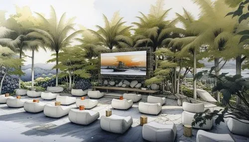 a large outdoor area with white chairs and plants,resort,cabana,cabanas,beach restaurant,holiday villa,beach resort,palm garden,hotel riviera,beach bar,beachfront,modern living room,beach furniture,tr