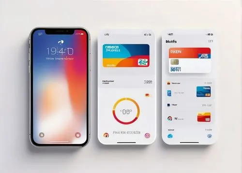 Digital, modern, sleek, iPhone, mobile payment, Apple Pay, wallet app, realistic interface, white background, rounded corners, minimalist design, subtle shadowing, bright colors, logos, credit cards, 