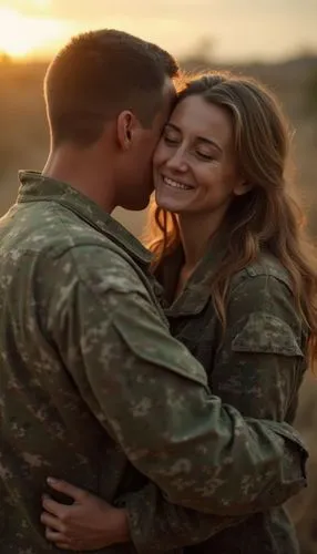 irst person view, emotional woman hugging a soldier in camouflage uniform, sorrowful goodbye, tearful expression, no visible smile, golden hour lighting, dramatic farewell, cinematic realism, natural 