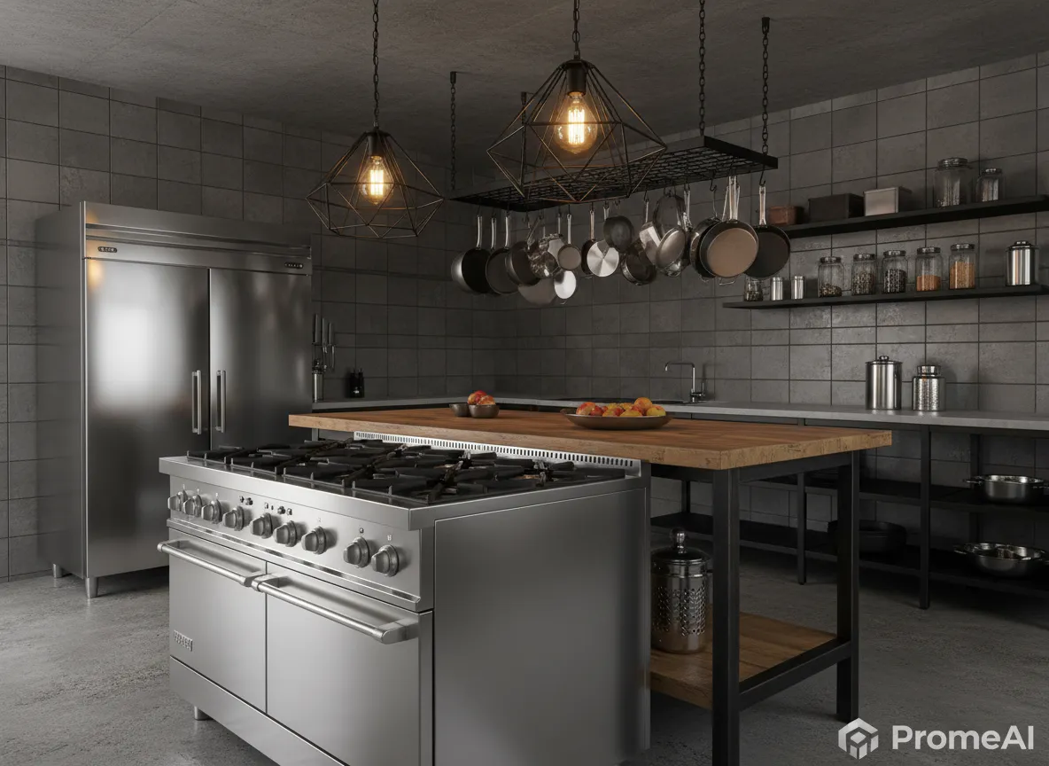 PromeAI के साथ बनाए गए एक इंडस्ट्रियल किचन डिज़ाइन का क्लोज़-अप शॉट, जिसमें स्टेनलेस स्टील के उपकरण और काले धातु के लाइट फिक्स्चर पर प्रकाश डाला गया है।
