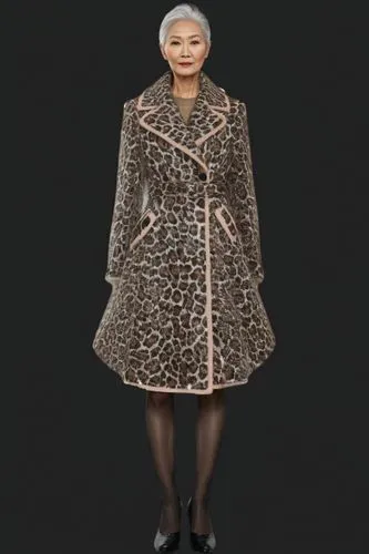 an older woman wearing a jacket with a leopard pattern,kawakubo,cruella de ville,nikkatsu,rosmah,leopardskin,zindzi,derivable,toshiko,imperial coat,elderly lady,rahonavis,omotoyossi,liliuokalani,fur c