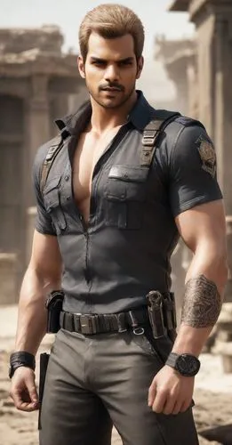 "rugged looking muscular albert wesker with reddish sunglasses, from resident evil,the character from star wars, luke rogan,male character,mercenary,edge muscle,commando,herculean,muscleman,mercenarie