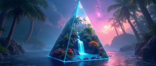 a triangle shaped waterfall sits in the middle of a tropical island,diamond lagoon,prism,lagoon,wishing well,futuristic landscape,lava lamp,oasis,underwater oasis,uninhabited island,fairy world,fairy 