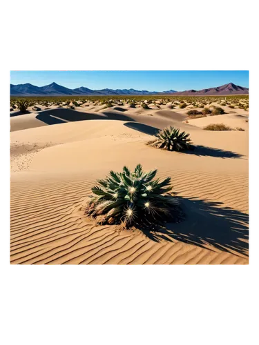 desert landscape, sandy dunes, endless horizon, clear blue sky, sun overhead, strong shadows, rocky formations, cacti, succulents, dry cracked earth, warm lighting, high contrast, panoramic view, cine