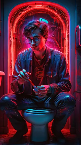 A magic Harry Potter, in translucent bioluminescent pulsating red&blue glowing neon, sits hunched over on a toilet in a dingy bathroom while using a magic wand, amazement expression. Render in the dyn
