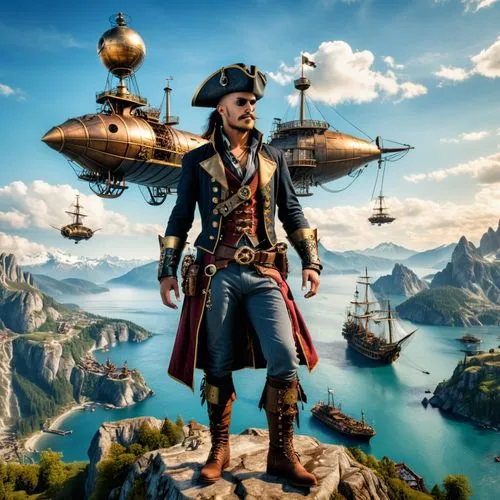 steampunk sky pirate with steampunk ships in the background,a young man dressed in pirates clothing next to a pirate ship,pirate,pirating,doubloons,piratical,pirate treasure,pirates,swashbuckler,plund