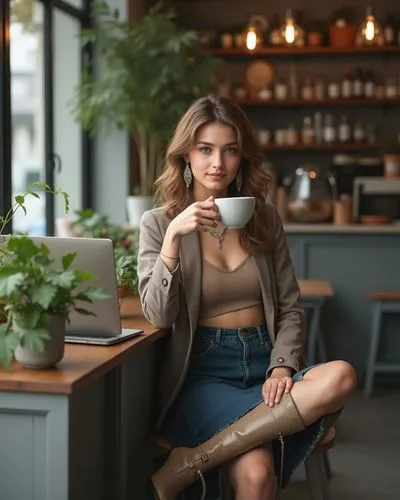 A trendy teenage girl sitting in a minimalist coffee shop, sipping a latte with her laptop open in front of her. She’s wearing a chic blazer over a crop top, statement earrings, and sleek boots. Aroun