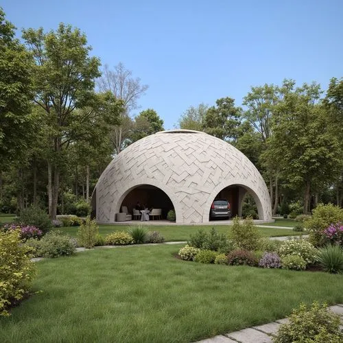 1. Forma general del domo:

Estructura semi ovalada con textura entrelazada en patrón de trenzado, hecha de concreto tipo concreto impreso en 3D. 100 mts2. máx. 10 metros de altura

El entorno es un p