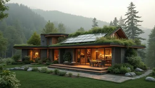 Regionalism style, sustainable houses, eco-friendly architecture, solar panels, green roof, recycled materials, natural textures, wooden accents, earthy tones, large windows, minimal waste, energy-eff