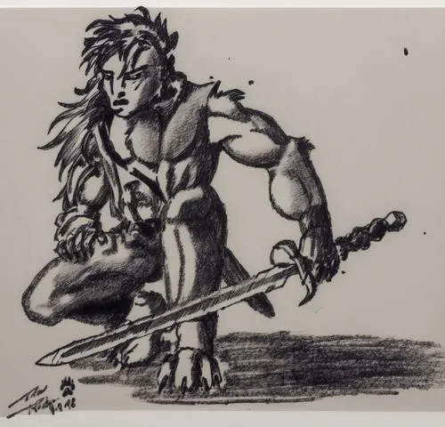 Rough, heavily pressed, bold black ballpoint pen sketch with thick, intense lines and strong strokes. Clean background.,the monster - like person looks menacing, holding a large knife,coonskin,satyr,m