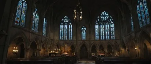 Gothic church, grand, majestic, intricate stone carvings, stained glass windows, ribbed vaults, pointed arches, flying buttresses, ornate sculptures, eerie ambiance, misty atmosphere, dark night, moon