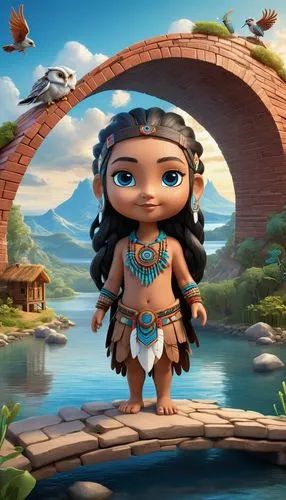 cartoon ((friendly lucifer inside a rolling painted brick wall kinder cocoon house over a river and bridge)) . Her eyes are filled with intense focus.  capturing the world of reality and technology. T
