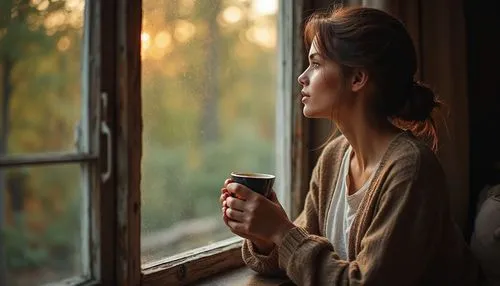 A woman holding a coffee cup, gazing out the window peacefully, reflecting on God's word. High detail texture, stylized realism.,a woman is sitting at the window with her coffee,woman drinking coffee,