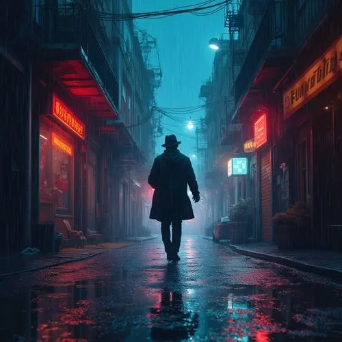 Create a cinematic image of a high-stakes chase through a Blade Runner-esque labyrinth of alleys and rain-soaked avenues. A determined detective, silhouetted against a cascade of neon reflections, rac