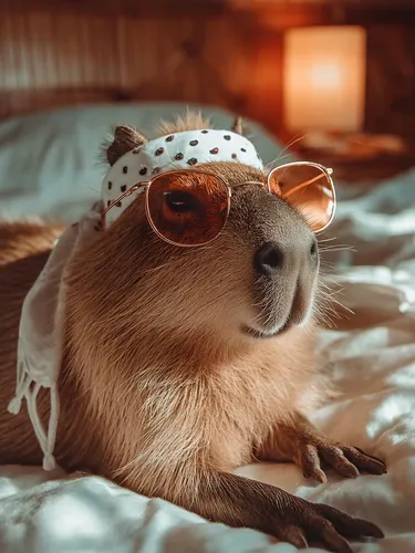 A photo of a capybara wearing sunglasses and a white headband with black dots, lying on a bed in a room. It is dressed up as an Instagram model,animals play dress-up,aviator,brown dog,thunderstorm moo