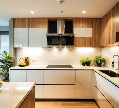 A modern and stylish kitchen featuring a warm combination of cream MDF and wood, creating a cozy and inviting atmosphere. On the right side, there is a double-bowl sink along with a built-in cooktop, 