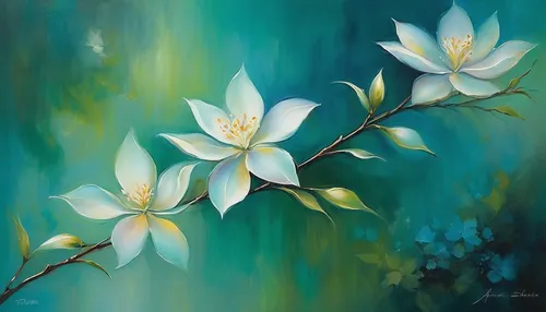 Create a serene atmosphere with a painting featuring the soft hues of jasmine flowers in the evening daze.,white plumeria,white magnolia,frangipani,lilies of the valley,white water lilies,lilies,lotus