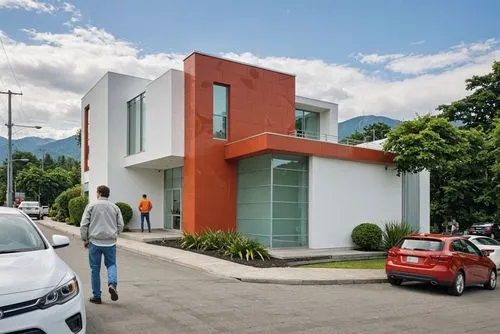 A photo-realistic rendering of a modern two-story building with a combination of white and orange colors. the building has a rectangular shape with a flat roof and large windows on both sides. The ext