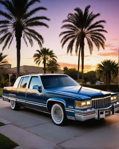 Lowrider 1989 Cadillac Deville, customized, metallic blue paint job, chrome wheels with thin white wall tires, hydraulic system, lowered suspension, sleek curved lines, luxurious interior, beige leath