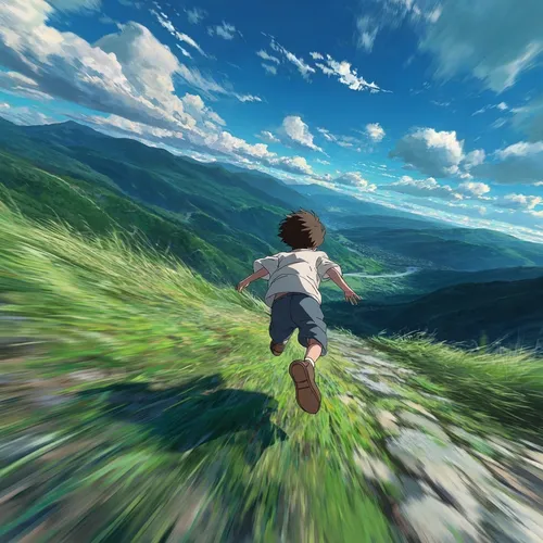 Skimming the grassy ground with dynamic energy, dominating the frame is a real boy in mid-run—short hair, white t-shirt, dark shorts, brown shoes.
Back to camera, body fully extended forward, legs pum