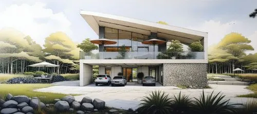 a drawing of a modern house, with stone landscaping,prefab,modern house,pool house,mid century house,renders,tropical house