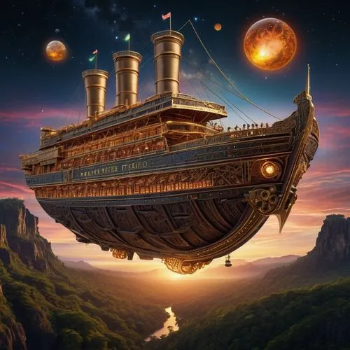 Una versión steampunk del RMS Titanic surcando el cielo nocturno en un mundo fantástico. Este majestuoso barco volador, impulsado por enormes engranajes de bronce y cobre, navega entre las estrellas, 