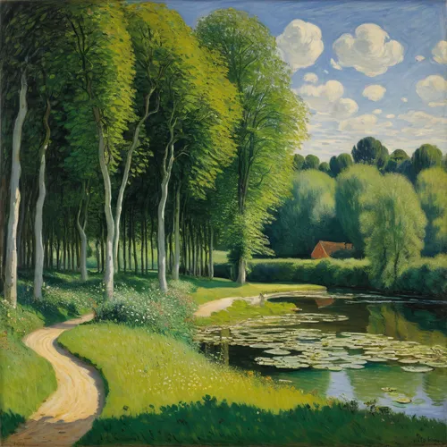 View At Rouelles, Le Havre, by Claude Monet, 1858.,brook landscape,green landscape,forest landscape,braque du bourbonnais,river landscape,landscape,rural landscape,green forest,in the early summer,arb