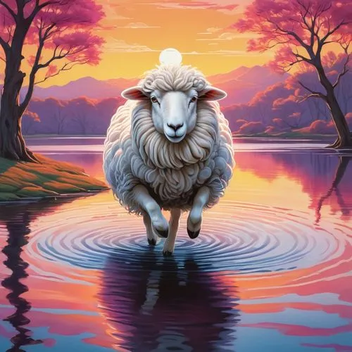 A fluffy white sheep, no bigger than a savannah, leaps gracefully through the still waters of a picturesque lake. Its round, playful body ripples as it's bundled up in a small ball, bouncing towards t