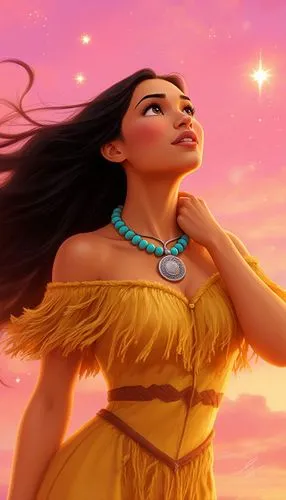 "Beautiful Pocahontas, young Native American woman with long flowing jet-black hair blowing in the wind, warm tan skin, large expressive brown eyes, looking up with hopeful and emotional expression, w