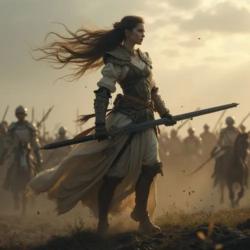 Eine anmutige Kriegerin. Die Königin des Schlachtfeldes.,a group of people with spears and armor on,female warrior,warrior woman,drona,kassandra,joan of arc,aslaug