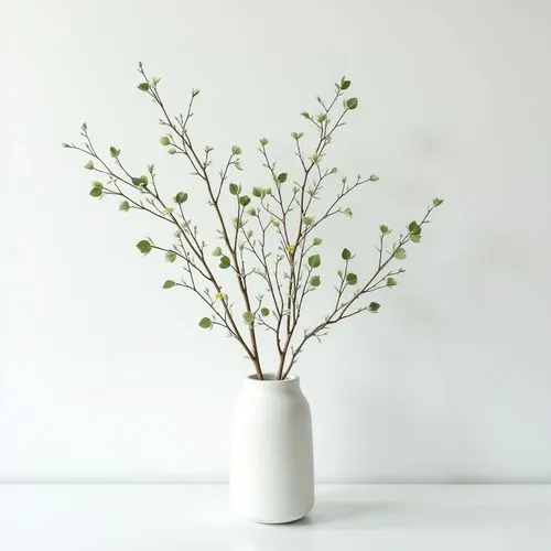 delicate elegant decorative branches with small green leaves ,on white wall,frontview, simple elegant  white chalk stone vase
,a vase with some plants in it on the table,a sprig of white lilac,potted 