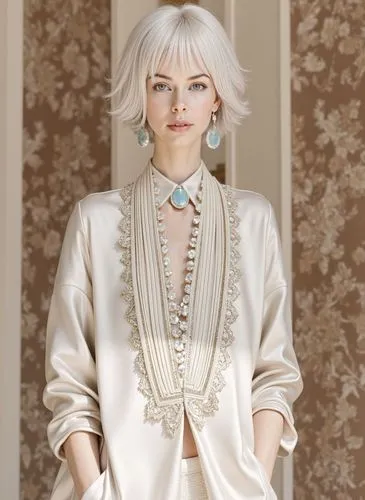 the blonde lady is wearing many pieces of jewelry,white silk,pearl necklace,vintage lace,white lady,pearl necklaces,vintage fashion,neutral color,necklaced,neoclassic,white gold,vintage angel,neckline