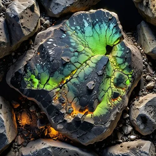 roccia spaccata , lavorata e levigata di colore nero, con all'interno minerali fluorescenti,a unique colored piece of artwork on a rock surface,solidified lava,slag glass,colored rock,tektite,fossiliz