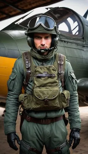A gorgeous 22 years old German Luftwaffe Fighter Pilot, ETO, Late WWII, wearing a Draeger mid grey-green G-3 Anti-G Suit with dark-grey flat, 30 x 50 cm packed Parachute bagpack with harness, standing